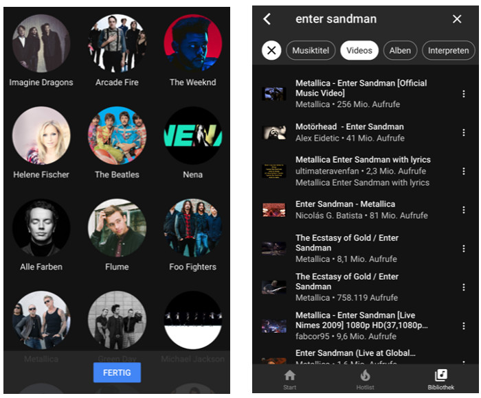 Screenshots of the YouTube Music App.