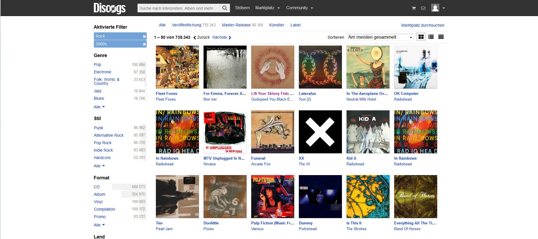 The screenshot shows the Browse section of Discogs. You can search for new music.