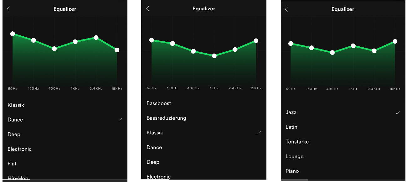 Screenshots of the equaliser in the spotify app