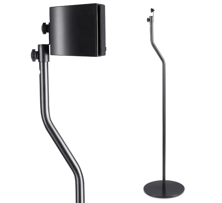 Black speaker with thin column stands.