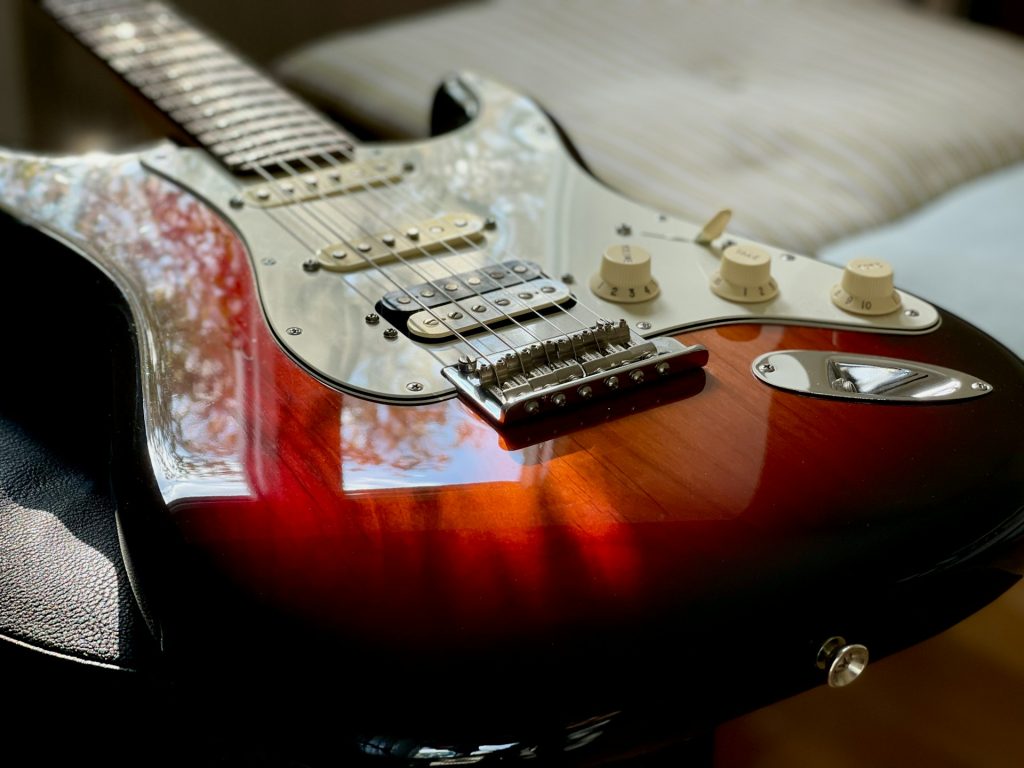 A modified Stratocaster with Humbucker pickup on the bridge and without the tremolo bar.