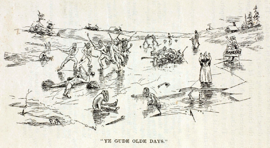 A depiction of hockey in its early and more chaotic days being played on a pond in Canada.